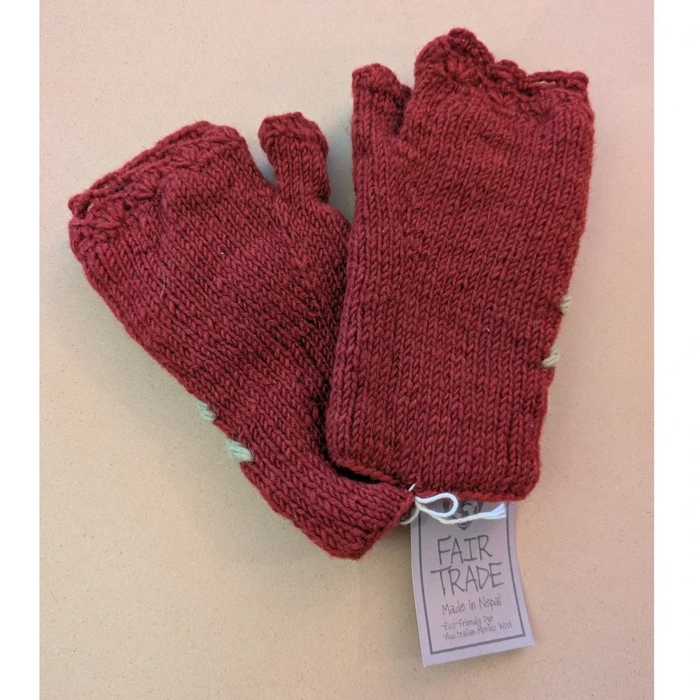 Paths of the Spirit Fingerless Gloves Red Wool Floral Knit Fair Trade Holidays